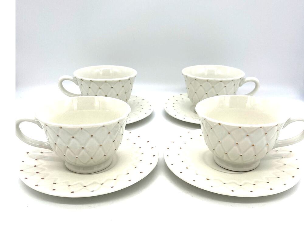 Tabletops Unlimited Embossed Golden Quilt with Gold Dots Set of 4 Cups & Saucers